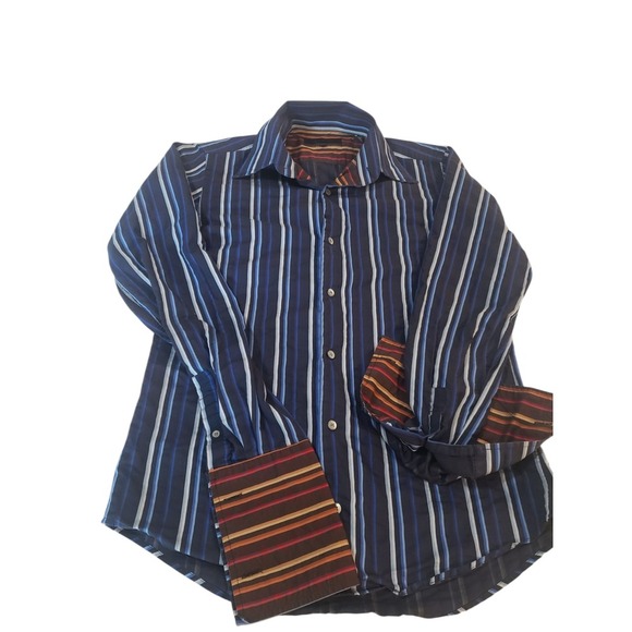 Ted Baker Long Sleeve Button Up Shirt Mens Blue Brown 2 Striped French Cuff Top - Picture 1 of 16